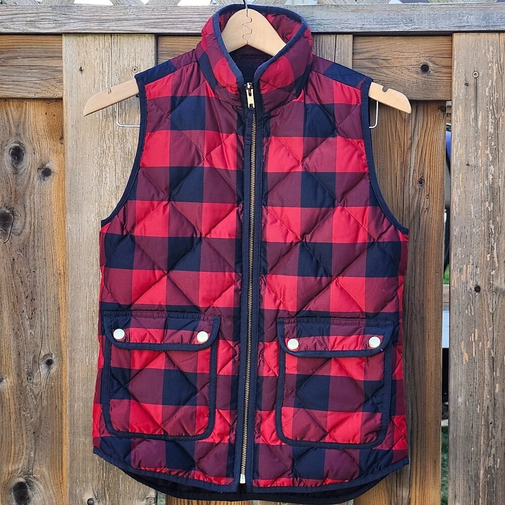 CUTE J Crew red & blue plaid DOWN winter zip-up vest - women's XXS